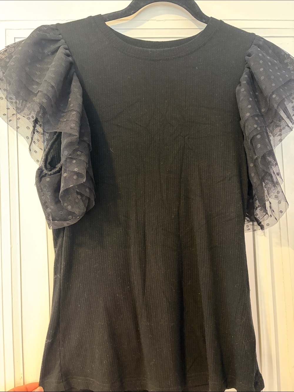 Black Puff Sleeve Dot Mesh Top